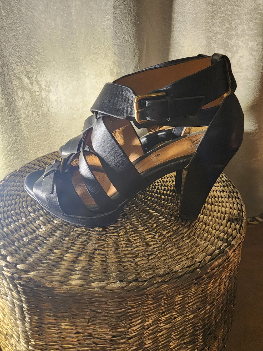 Sofft Black Strappy Block Heel Sandals with Ankle Buckle